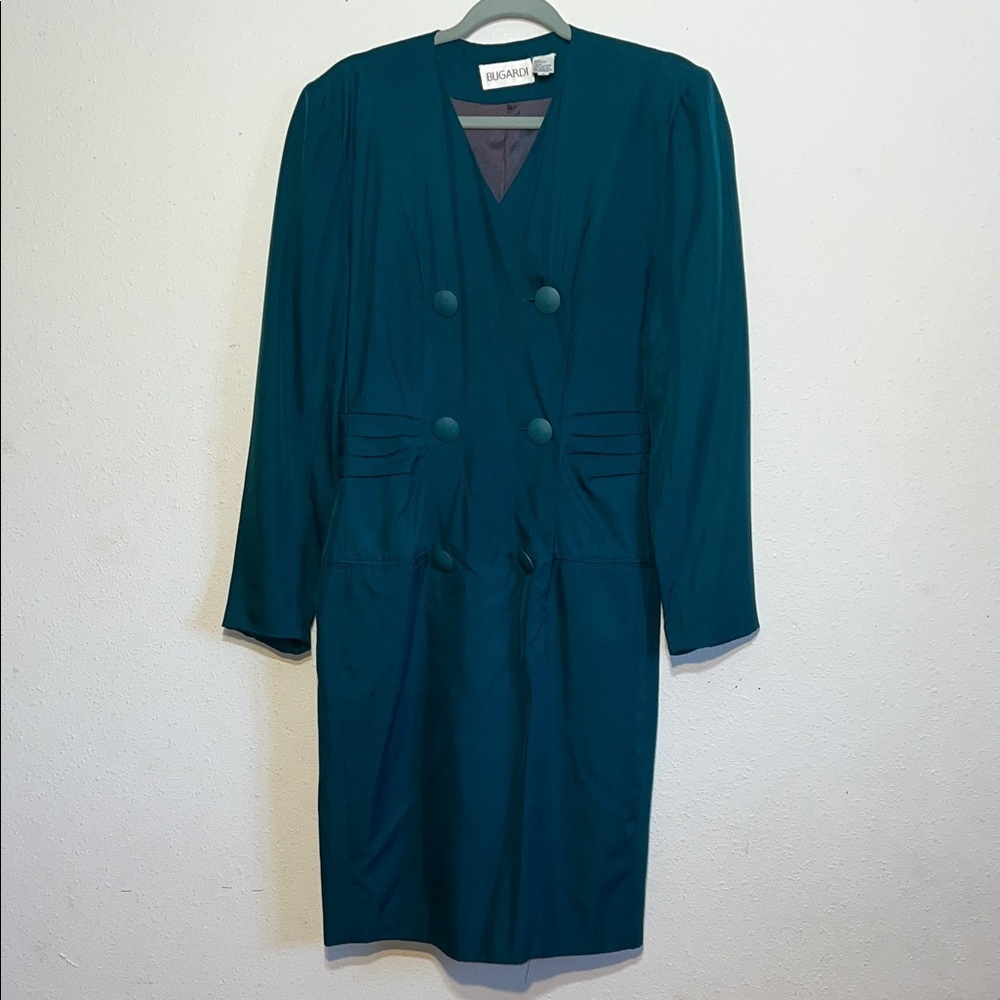 Bugardi Vintage Teal Silk Double-Breasted Long Sleeve Dress Size 6